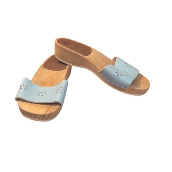 Hanna Andersson EU 36 US 5.5 Swedish Wooden Slide Sandals Blue Leather Vintage - Picture 1 of 8